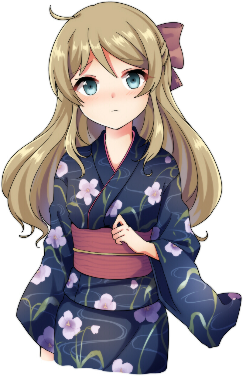 1girl bangs black_kimono blue_eyes blush bow brown_bow brown_hair cowboy_shot cropped_legs ensemble_girls! floral_print hair_between_eyes hair_bow highres japanese_clothes kimono long_hair long_sleeves looking_at_viewer mizushima_ushio obi parted_bangs print_kimono sash shiny shiny_hair simple_background solo uranaishi_(miraura) white_background wide_sleeves yukata