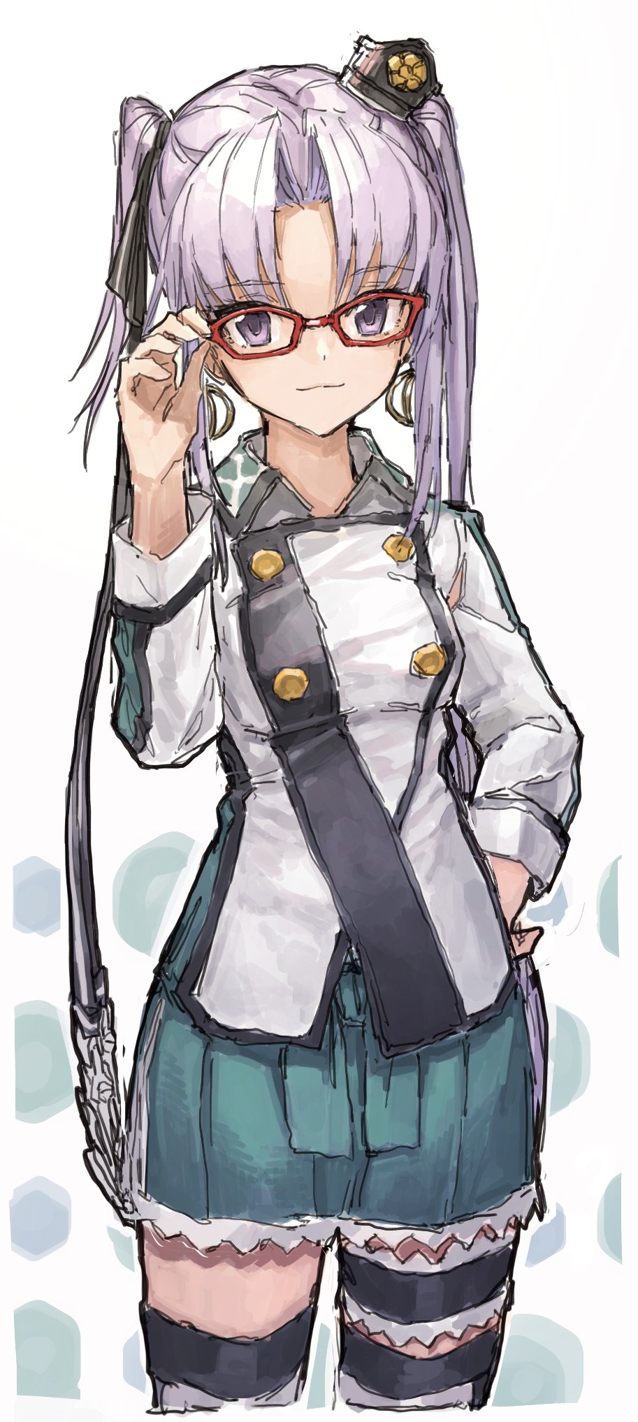 1girl air_qh akitsushima_(kantai_collection) anchor bangs bespectacled black_ribbon breasts closed_mouth double-breasted earrings glasses grey_eyes hair_ribbon hand_on_eyewear hand_on_hip hand_up hat highres holding holding_eyewear hoop_earrings jewelry kantai_collection leg_garter long_hair looking_at_viewer military military_uniform mini_hat miniskirt polka_dot polka_dot_background red-framed_eyewear ribbon side_ponytail silver_hair simple_background sketch skirt small_breasts smile solo thigh-highs tilted_headwear twintails uniform violet_eyes white_background zettai_ryouiki