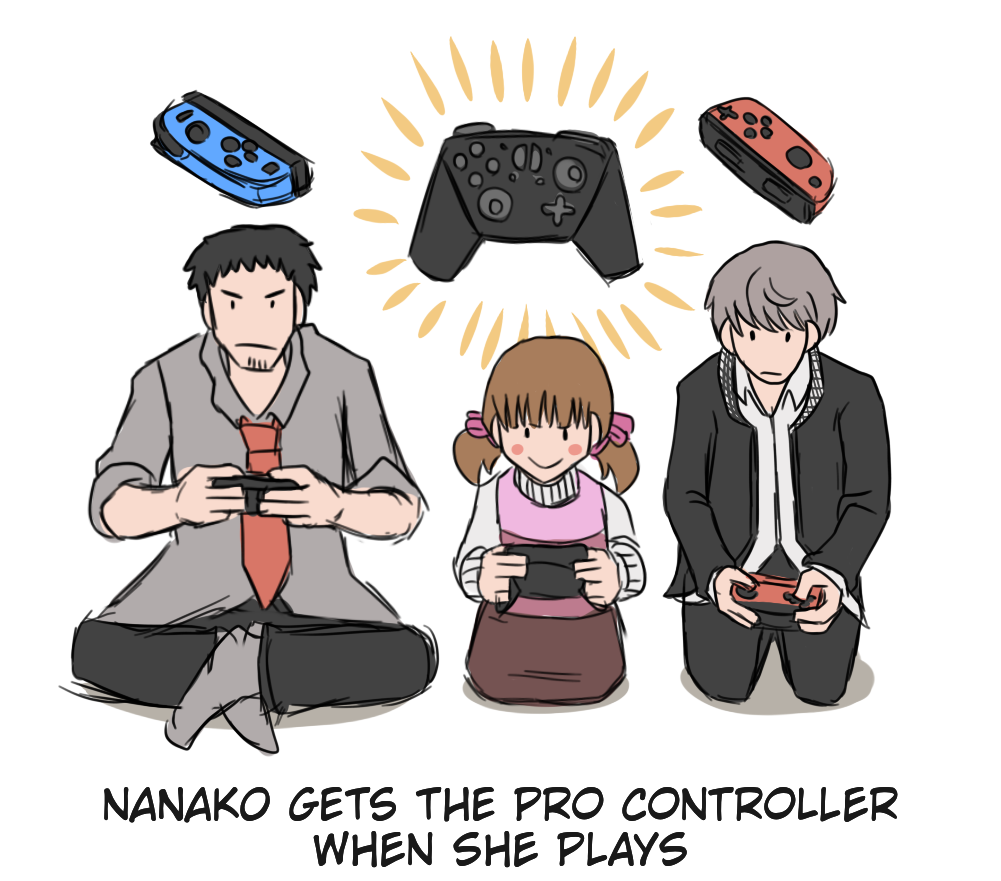 1girl 2boys atlus ayyk92 black_hair brown_hair controller doujima_nanako doujima_ryoutarou english_text game_controller grey_hair hair_ornament megami_tensei multiple_boys narukami_yuu necktie nintendo nintendo_switch persona persona_4 short_hair short_twintails super_smash_bros. twintails