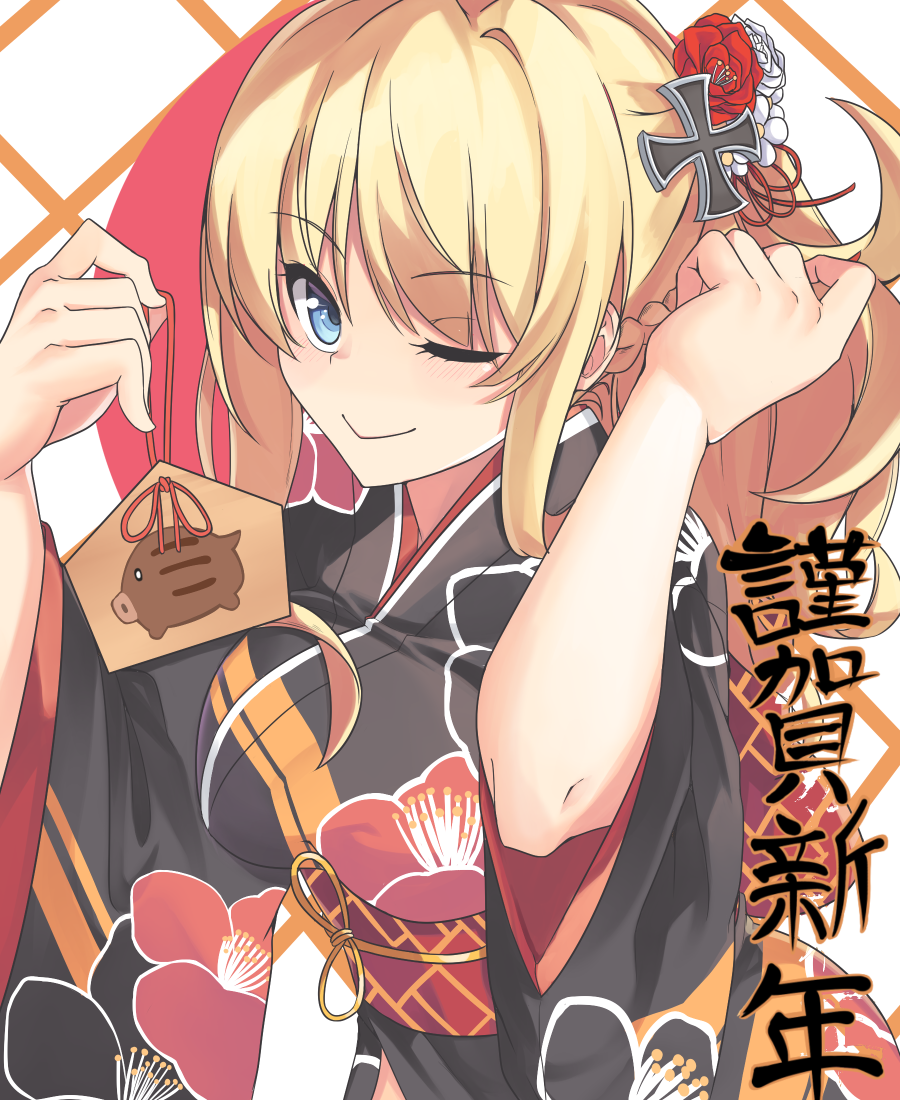 1girl alternate_costume alternate_hairstyle bismarck_(kantai_collection) blonde_hair blue_eyes blush breasts closed_mouth floral_print flower hair_flower hair_ornament japanese_clothes kantai_collection kimono large_breasts long_hair looking_at_viewer new_year one_eye_closed red_flower solo tiasis translated yukata