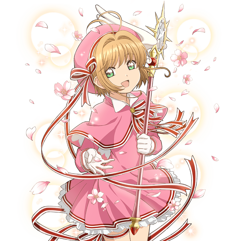 1girl capelet card_captor_sakura cowboy_shot dress eyebrows_visible_through_hair flower gloves green_eyes hair_intakes hat holding holding_wand kinomoto_sakura light_brown_hair long_sleeves looking_at_viewer official_art petals petticoat pink_dress ribbon short_hair solo thigh_ribbon transparent_background uchi_no_hime-sama_ga_ichiban_kawaii wand white_gloves