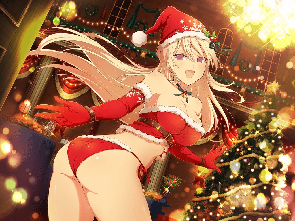 1girl :d ass bare_shoulders belt bikini blonde_hair breasts champagne_bottle champagne_flute christmas christmas_lights christmas_tree cleavage crop_top cup drinking_glass elbow_gloves flower food fur-trimmed_bikini fur_trim gloves happy hat large_breasts leo_(senran_kagura) long_hair looking_at_viewer midriff official_art open_mouth red_bikini red_gloves santa_bikini santa_hat senran_kagura senran_kagura_new_link smile solo swimsuit very_long_hair violet_eyes yaegashi_nan