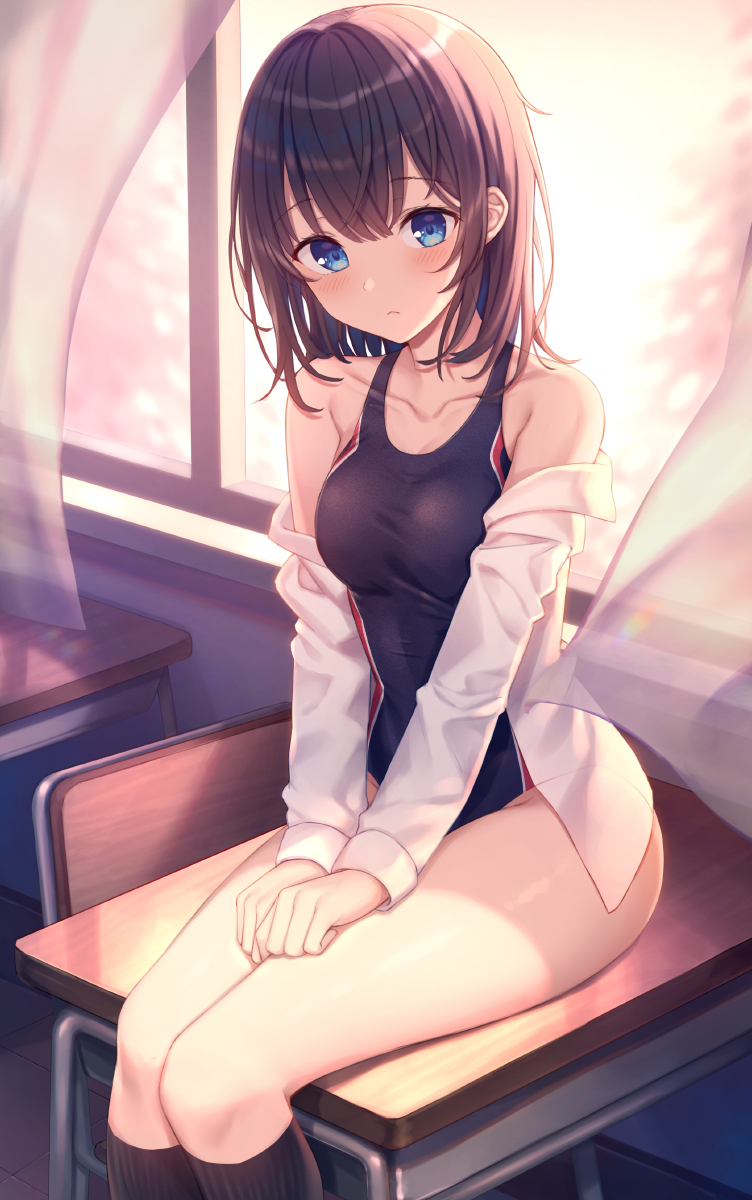 1girl backlighting bangs bare_shoulders black_legwear blue_eyes blue_swimsuit blurry blush breasts brown_hair chair classroom closed_mouth collarbone competition_school_swimsuit competition_swimsuit curtains day depth_of_field desk eyebrows_visible_through_hair hair_between_eyes head_tilt highres indoors jacket kawami_nami kneehighs long_sleeves looking_at_viewer medium_breasts off_shoulder one-piece_swimsuit open_clothes open_jacket open_shirt original school_desk school_swimsuit shiny shiny_hair shirt short_hair sidelocks sitting sleeves_past_wrists solo swimsuit thighs v_arms white_jacket white_shirt window