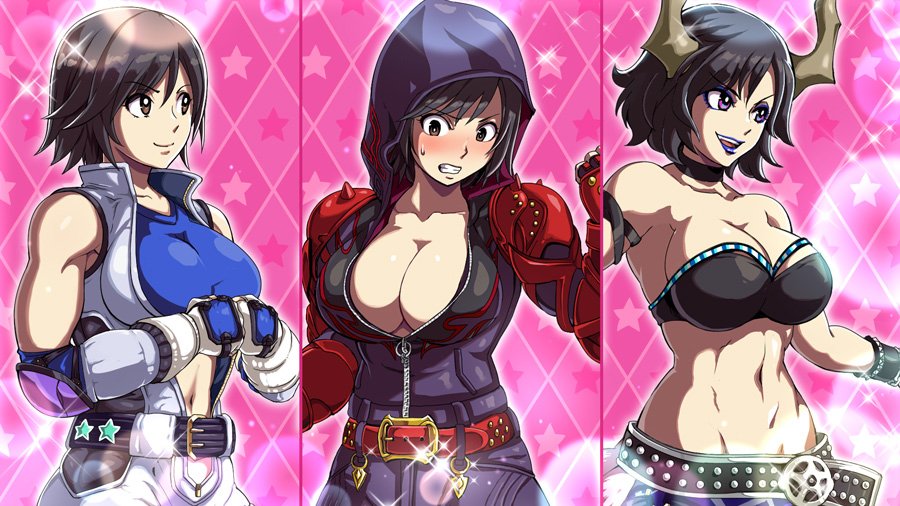 1girl artist_request belt blush breasts cleavage cosplay embarrassed fingerless_gloves gloves kazama_asuka kazama_jin kazama_jin_(cosplay) large_breasts parody snk_heroines:_tag_team_frenzy solo strapless tekken tekken_7 tubetop what_if