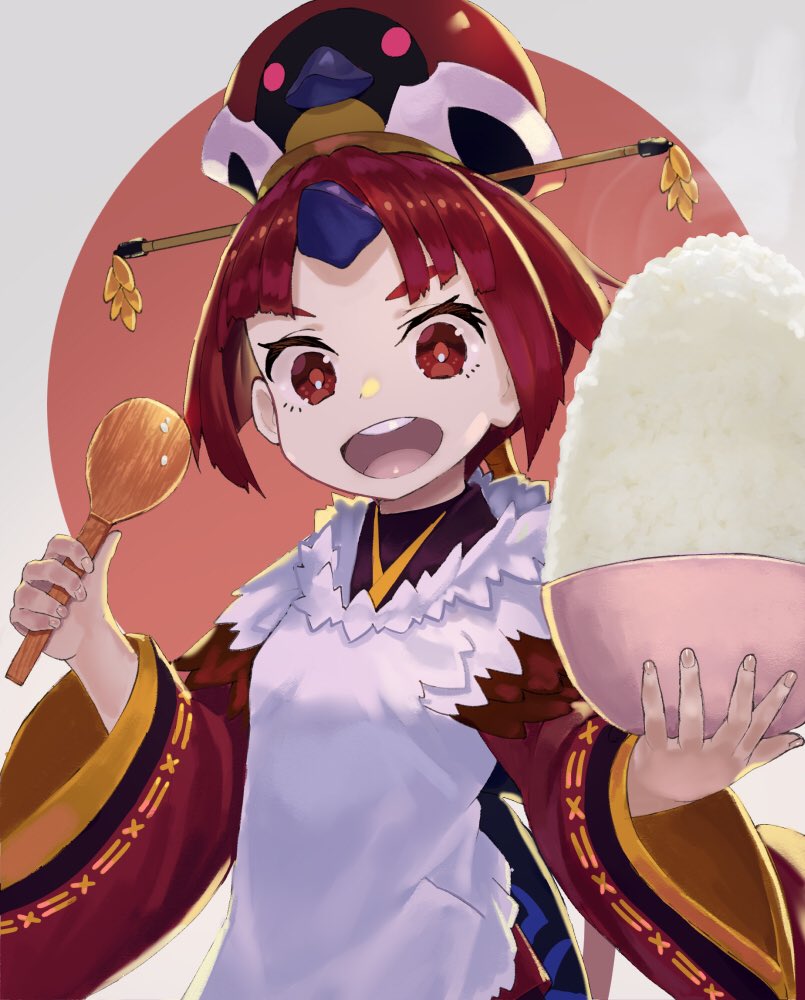 1girl apron benienma_(fate/grand_order) beppu_mitsunaka bird_hat bowl brown_eyes brown_hair fate/grand_order fate_(series) low_ponytail open_mouth rice rice_bowl rice_spoon wide_sleeves