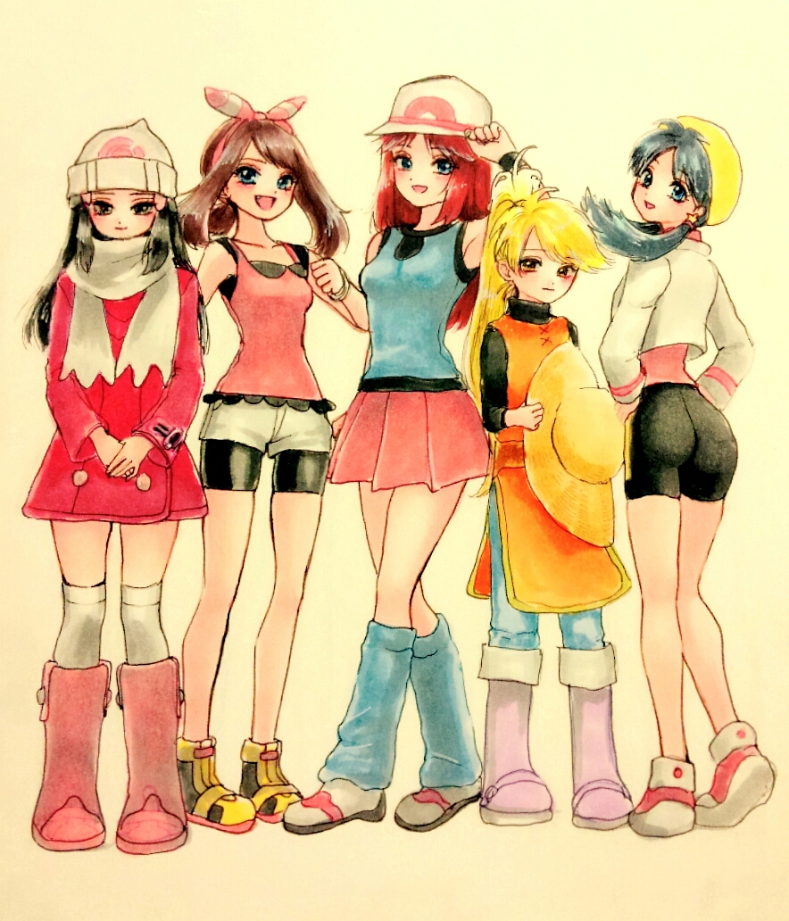 5girls :d black_hair black_wristband blonde_hair blue_(pokemon) blue_eyes blue_shirt boots breasts brown_hair creatures_(company) crystal_(pokemon) dress fang full_body game_freak grey_eyes hair_ornament hair_ribbon happy hat hat_removed headwear_removed holding holding_hat long_hair long_sleeves looking_at_viewer medium_hair minapo multiple_girls nintendo odamaki_sapphire open_mouth pink_dress pink_footwear platinum_berlitz pokemon pokemon_special red_skirt ribbon scarf sepia_background shirt shoes simple_background skirt sleeveless sleeveless_shirt small_breasts smile standing twintails white_hat white_scarf winter_clothes yellow_(pokemon) yellow_eyes