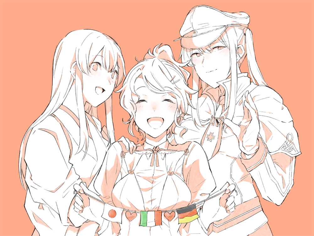 3girls akagi_(kantai_collection) aquila_(kantai_collection) blush breasts capelet celtic_knot closed_eyes closed_mouth collared_shirt commentary_request eyebrows_visible_through_hair fingernails german_flag gloves graf_zeppelin_(kantai_collection) hair_between_eyes hair_ornament hair_tie hairclip hand_on_another's_shoulder hat heart high_ponytail iron_cross italian_flag jacket japanese_clothes japanese_flag kantai_collection kimono kurozu_(hckr_96) long_hair long_sleeves looking_at_viewer military military_hat monochrome multiple_girls neck_ribbon necktie open_mouth peaked_cap ribbon shirt sidelocks spot_color tasuki twintails upper_body wavy_hair