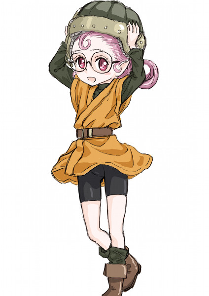 1girl bike_shorts chrono_cross chrono_trigger commentary_request cosplay glasses helmet lucca_ashtear pointy_ears purple_hair razzly s-a-murai short_hair smile solo