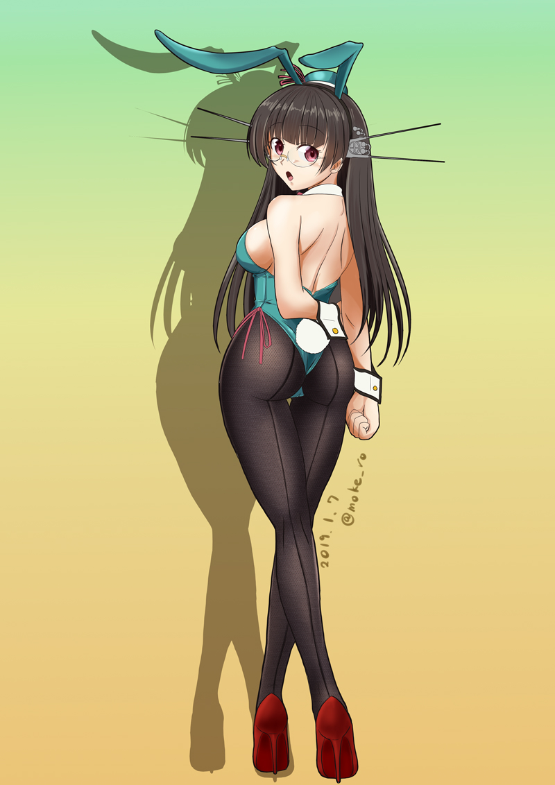 1girl alternate_costume animal_ears ass black_hair blush breasts bunny_girl bunnysuit choukai_(kantai_collection) eyebrows_visible_through_hair fake_animal_ears fake_tail full_body glasses gradient gradient_background hair_ornament headgear kantai_collection long_hair looking_at_viewer looking_back medium_breasts mokerou open_mouth pantyhose rabbit_ears red_eyes red_footwear rimless_eyewear shadow shoes solo tail