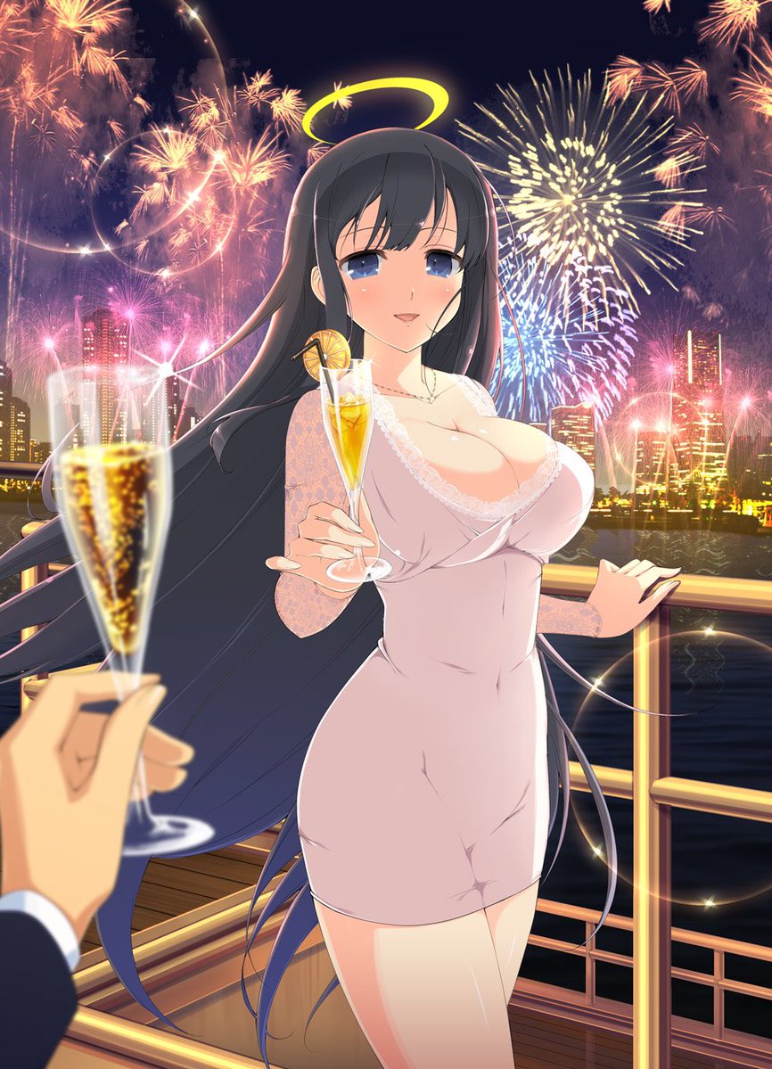 1girl alcohol black_hair blue_eyes breasts champagne champagne_flute city city_lights cleavage covered_navel cup dress drink drinking_glass drinking_straw fireworks halo holding holding_cup jewelry large_breasts long_hair looking_at_viewer necklace night official_art open_mouth ryouki_(senran_kagura) senran_kagura senran_kagura_new_wave smile solo_focus very_long_hair yaegashi_nan