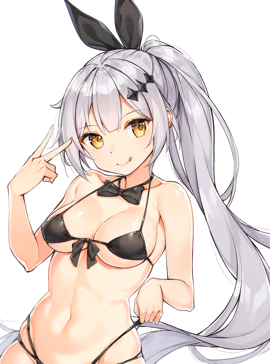 1girl :q bangs bare_shoulders bikini black_bikini black_bow black_neckwear black_ribbon bow bowtie breasts cleavage collarbone commentary eyebrows_visible_through_hair five-seven_(girls_frontline) girls_frontline hair_ribbon head_tilt highres long_hair looking_at_viewer medium_breasts multi-strapped_bikini navel revision ribbon rikoma side_ponytail silver_hair simple_background skindentation solo stomach string_bikini swimsuit tongue tongue_out under_boob upper_body v very_long_hair white_background yellow_eyes