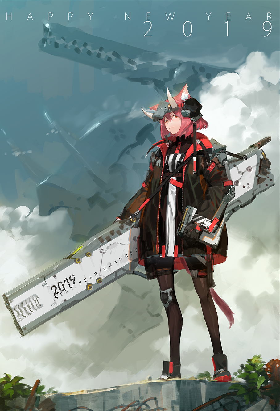 1girl 2019 animal_ears ankle_boots black_gloves black_jacket boots brown_legwear cat_ears cat_tail closed_mouth clouds day gloves grass hair_between_eyes hair_ornament happy_new_year headpiece highres horns jacket knee_pads leg_strap long_sleeves looking_at_viewer mecha new_year open_clothes open_jacket original outdoors pantyhose pink_hair railgun science_fiction short_hair smile solo standing tail tommy830219