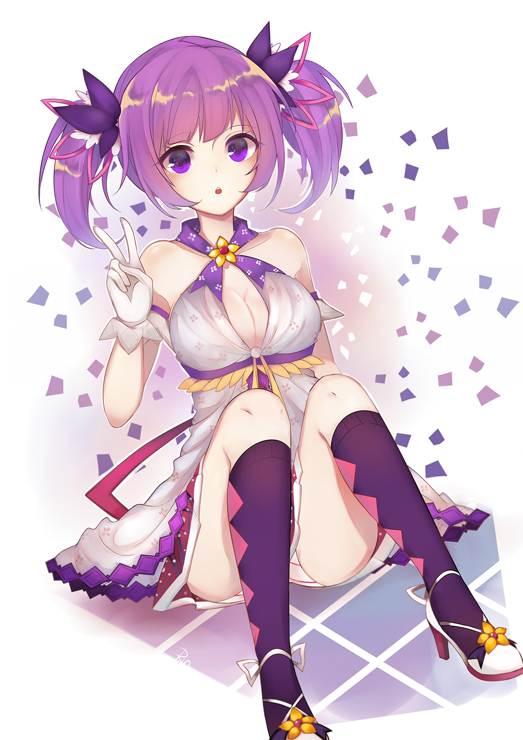 1girl :o aisha_(elsword) battle_magician_(elsword) breasts cleavage cleavage_cutout collarbone dress egg_(rxlal) elsword gloves hair_ornament high_heels highres kneehighs long_hair medium_breasts miniskirt purple_hair purple_legwear shiny shiny_hair sitting skirt sleeveless sleeveless_dress solo twintails v violet_eyes white_background white_dress white_gloves