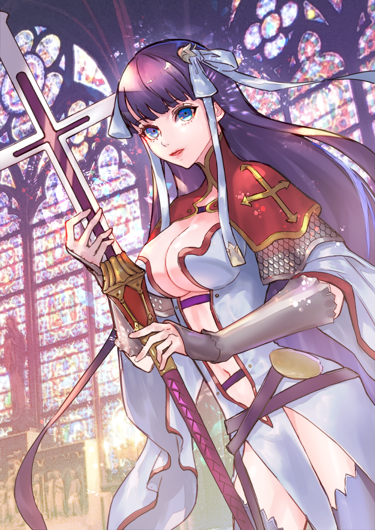 1girl blue_eyes breasts capelet chainmail church cleavage commentary_request cross dress fate/grand_order fate_(series) fingerless_gloves gloves hair_ribbon holding holding_staff large_breasts long_hair looking_at_viewer navel num_(zombie_headline) purple_hair red_capelet ribbon saint_martha solo staff stained_glass statue thigh-highs very_long_hair white_dress white_ribbon