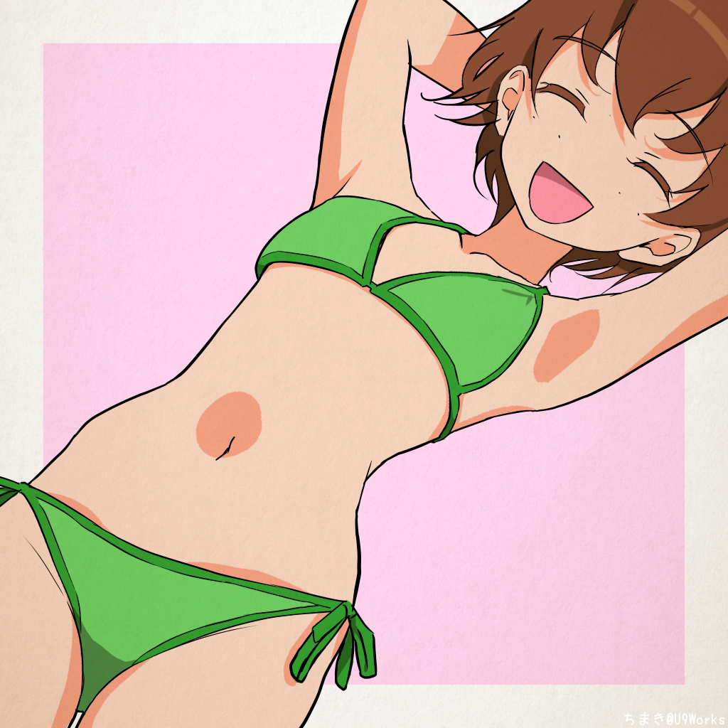 1girl :d akagi_(fmttps) arms_behind_head arms_up bangs bikini brown_hair closed_eyes commentary_request eyebrows_visible_through_hair freckles girls_und_panzer green_bikini navel open_mouth outside_border purple_background short_hair side-tie_bikini smile solo swimsuit tsuchiya_(girls_und_panzer) twitter_username