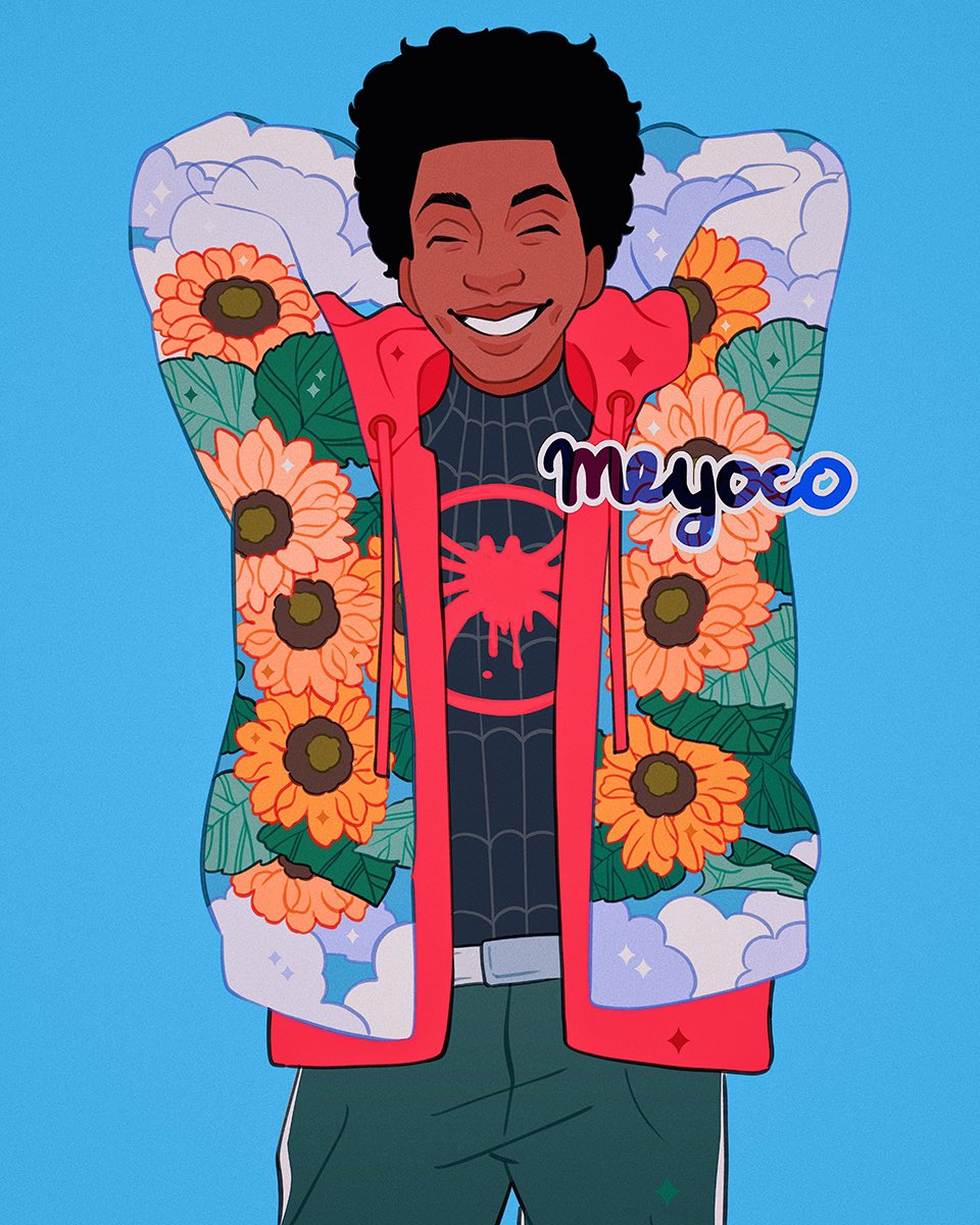 1boy artist_name belt black_hair blue_background bodysuit closed_eyes clouds cowboy_shot dark_skin drawstring floral_print flower highres hood hoodie leaf male_focus marvel meyoco miles_morales parted_lips simple_background smile solo sparkle spider-man:_into_the_spider-verse spider-man_(series) spider_web_print sunflower superhero teeth