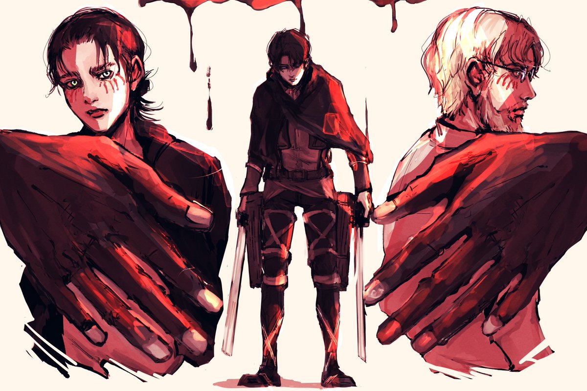 3boys all_fours beast_titan black_hair blonde_hair blood eren_yeager facial_hair facial_mark full_body glasses hands levi_(shingeki_no_kyojin) looking_at_viewer multiple_boys profile rogue_titan shingeki_no_kyojin spoilers timeskip titan_(shingeki_no_kyojin) upper_body weapon zeke_yeager