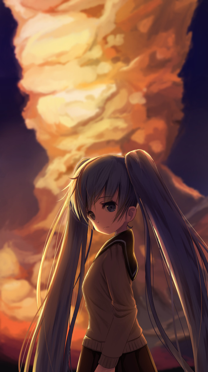 1girl backlighting bangs black_sailor_collar black_skirt blue_eyes blue_hair blurry blurry_background breasts brown_sweater clouds cloudy_sky commentary_request depth_of_field hatsune_miku highres long_hair long_sleeves looking_at_viewer looking_to_the_side medium_breasts mimikaki_(men_bow) miniskirt outdoors pleated_skirt sailor_collar school_uniform sidelocks skirt sky sleeves_past_wrists solo sweater twilight twintails upper_body very_long_hair vocaloid