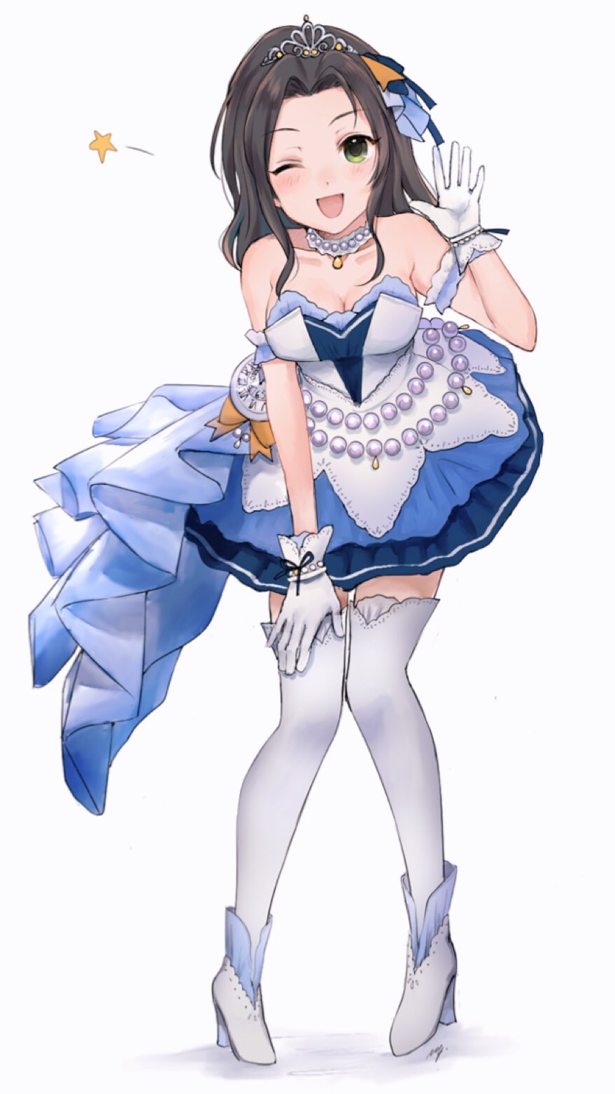 1girl ;d bare_shoulders black_hair blue_ribbon blush bracelet breasts cleavage clock collarbone dress eyebrows_visible_through_hair full_body gloves green_eyes hair_intakes hand_on_own_thigh hand_up high_heels highres idolmaster idolmaster_cinderella_girls idolmaster_cinderella_girls_starlight_stage jewelry medium_breasts medium_hair mizu_ramen necklace one_eye_closed open_mouth pearl_(gemstone) pearl_bracelet pearl_necklace pigeon-toed ribbon roman_numerals simple_background smile solo souma_natsumi standing star starry_sky_bright strapless strapless_dress thigh-highs tiara white_background white_footwear white_gloves white_legwear