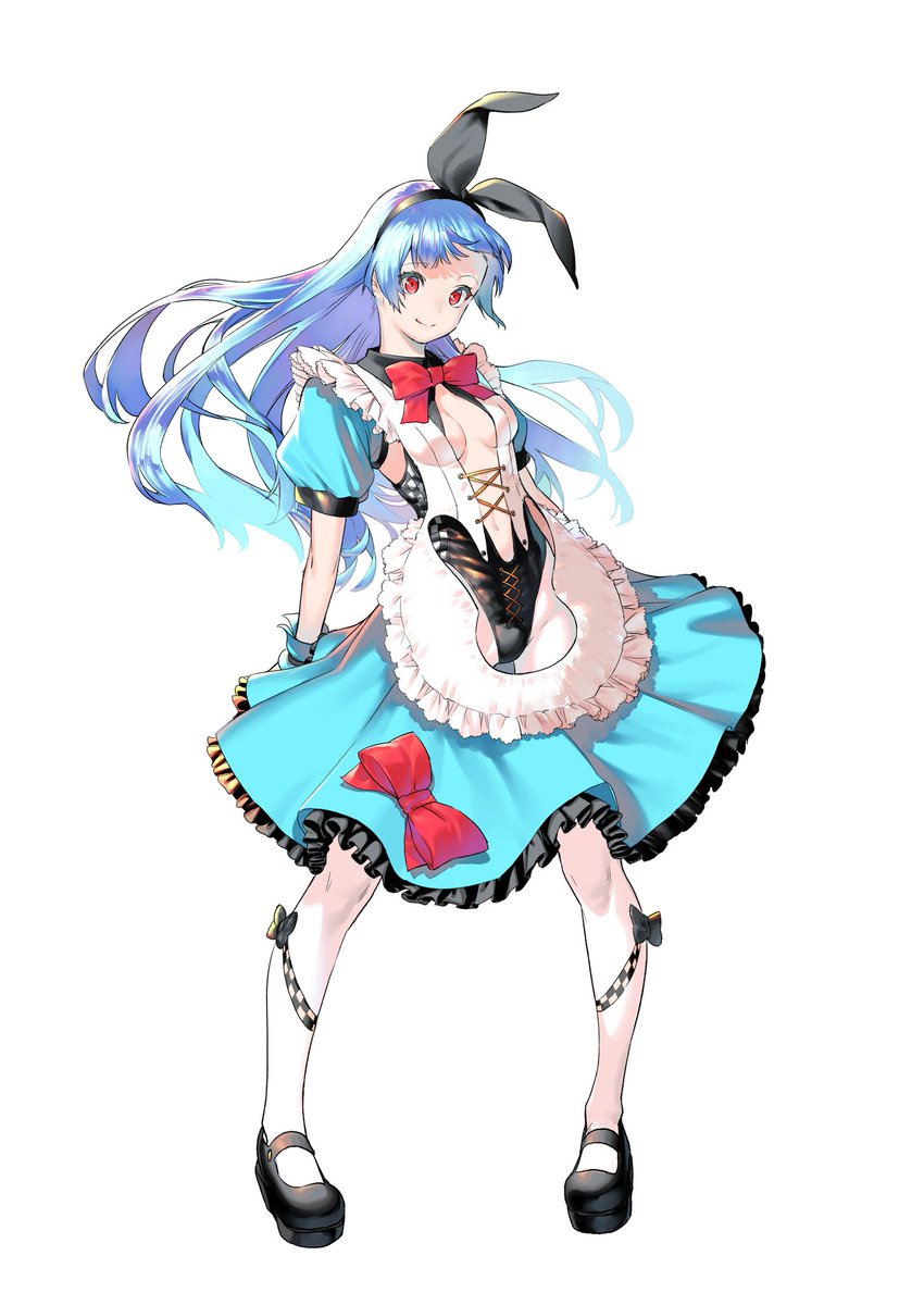 1girl apron azuma_kyoutarou_(artist) blue_hair bow breasts cleavage cleavage_cutout cutout dress frilled_dress frills hair_bow hairband highres kula_diamond long_hair snk snk_heroines:_tag_team_frenzy solo the_king_of_fighters