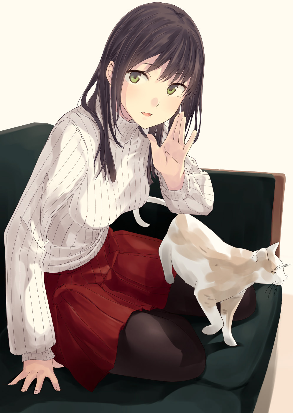 1girl animal breasts brown_background brown_hair brown_legwear cat commentary_request couch green_eyes hand_up highres hiwatari_rin long_hair long_sleeves looking_at_viewer on_couch original pantyhose parted_lips pleated_skirt red_skirt ribbed_sweater skirt small_breasts smile solo sweater white_sweater