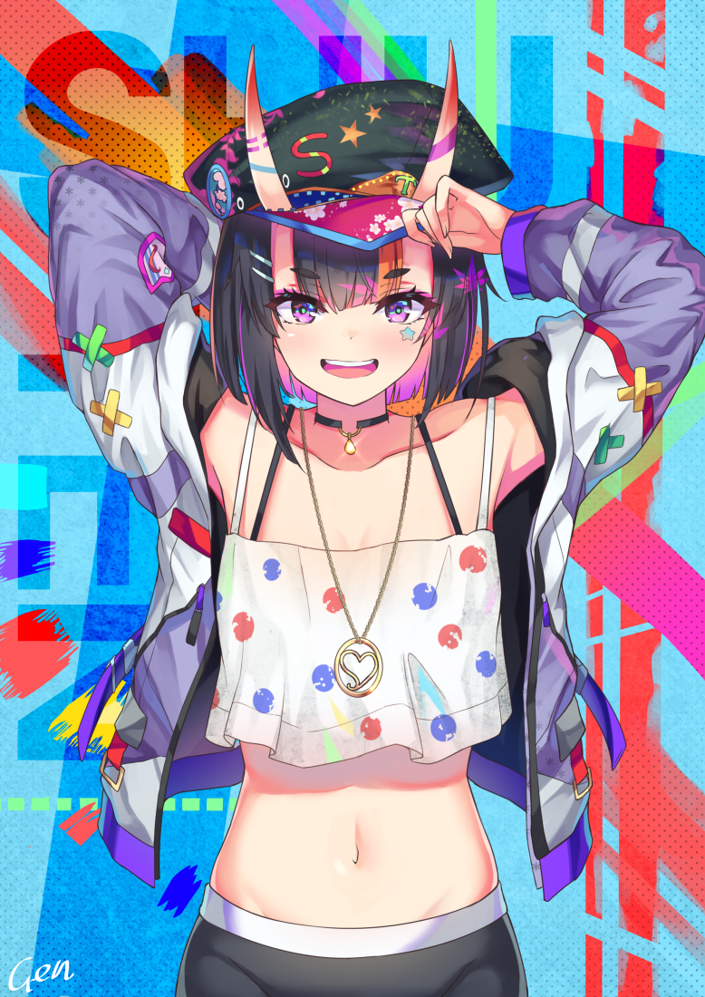 1girl :d arm_behind_head armpits arms_up artist_name bangs bare_shoulders black_choker black_hair black_hat black_shorts blush cenangam choker collarbone commentary_request crop_top crop_top_overhang eyebrows_visible_through_hair facial_mark fate/grand_order fate_(series) hat heart heart_necklace jacket jewelry long_sleeves looking_at_viewer midriff navel necklace off_shoulder oni_horns open_clothes open_jacket open_mouth shirt short_hair shorts shuten_douji_(fate/grand_order) sidelocks sleeveless sleeveless_shirt sleeves_past_wrists smile solo star stomach thick_eyebrows upper_body upper_teeth violet_eyes white_shirt