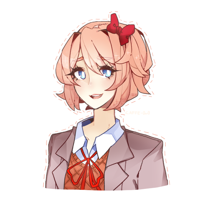 1girl :d blue_eyes bow caffe0w0 commentary doki_doki_literature_club english_commentary eyebrows_visible_through_hair eyes_visible_through_hair grey_jacket hair_bow jacket light_brown_hair looking_at_viewer open_mouth outline red_bow sayori_(doki_doki_literature_club) school_uniform short_hair simple_background smile solo upper_body white_background