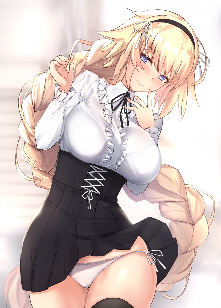 1girl bangs black_legwear black_skirt blonde_hair blouse blush braid breasts casual collared_blouse day eyebrows_visible_through_hair fate_(series) frilled_blouse hair_between_eyes hairband hands_up head_tilt high-waist_skirt highres jeanne_d'arc_(fate)_(all) large_breasts long_hair long_sleeves looking_at_viewer neck_ribbon outdoors panties ribbon side-tie_panties single_braid skindentation skirt smile solo thigh-highs underwear untsue very_long_hair white_blouse white_panties wind wind_lift