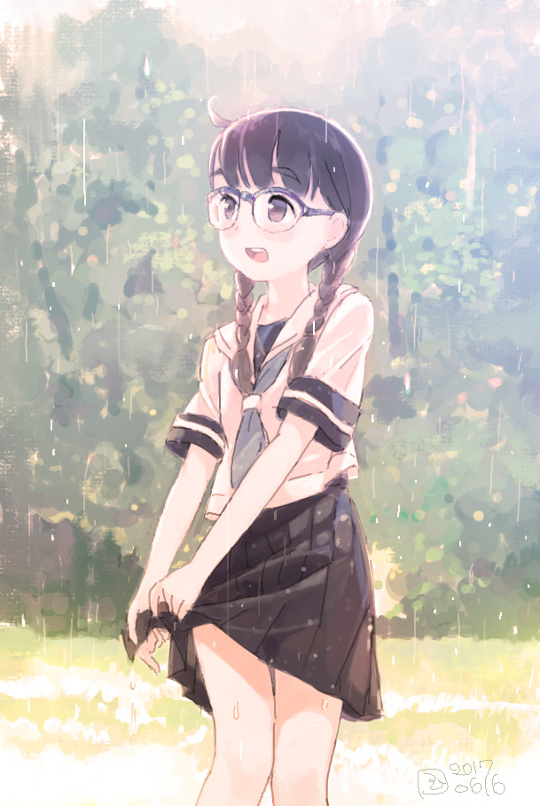 1girl ahoge ascot bangs black_neckwear black_skirt brown_eyes brown_hair commentary_request dated day glasses kokudou_juunigou long_hair low_twin_braids neckerchief open_mouth original outdoors pleated_skirt rain sailor_collar school_uniform serafuku shirt short_sleeves skirt solo standing sunlight wet white_sailor_collar white_shirt wringing_clothes