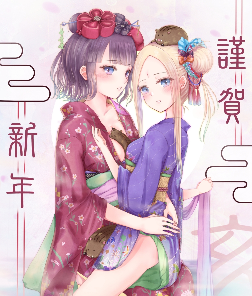 2girls abigail_williams_(fate/grand_order) animal ass bangs between_breasts black_bow blonde_hair blue_eyes blunt_bangs boar bow breasts chinese_zodiac collarbone commentary_request egasumi eyebrows_visible_through_hair fate/grand_order fate_(series) fingernails floral_print forehead hair_bow hair_bun hair_ornament highres japanese_clothes katsushika_hokusai_(fate/grand_order) kimono long_hair looking_at_viewer looking_to_the_side multiple_girls obi orange_bow parted_bangs petals print_kimono purple_hair purple_kimono red_kimono sanka_tan sash side_bun sidelocks small_breasts undressing year_of_the_pig