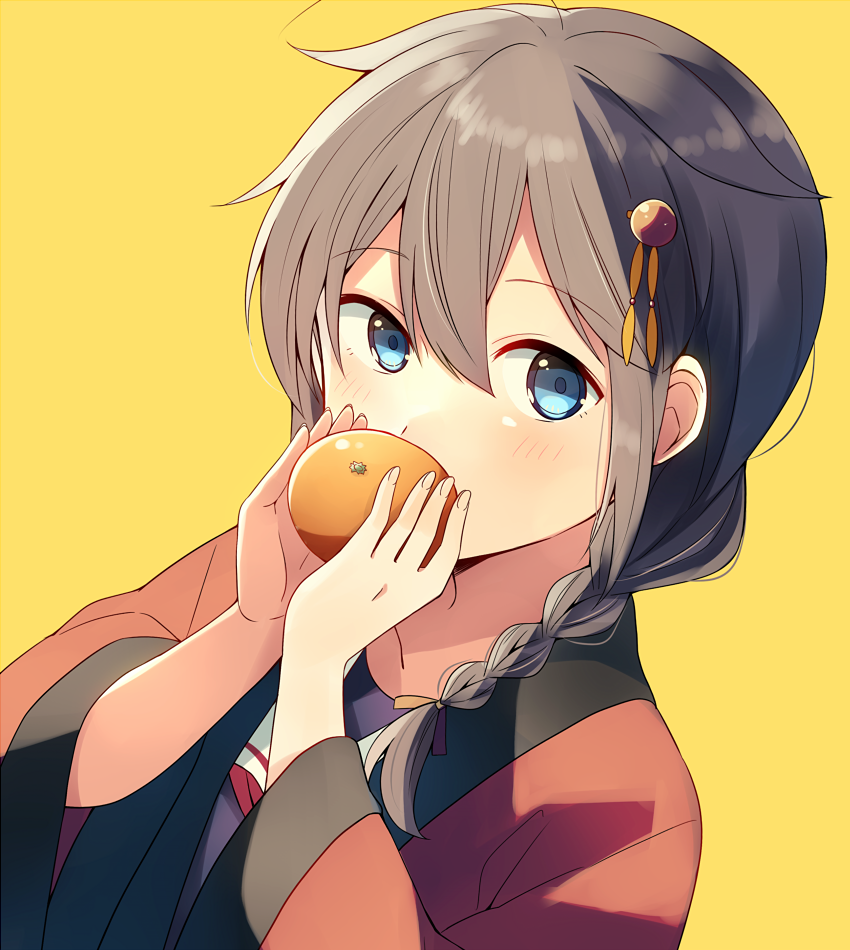 1girl ahoge black_hair black_serafuku blue_eyes blush braid commentary_request fingernails food fruit hair_flaps hair_over_shoulder hanten_(clothes) holding holding_food holding_fruit japanese_clothes kantai_collection mandarin_orange neckerchief red_neckwear remodel_(kantai_collection) school_uniform serafuku shigure_(kantai_collection) simple_background single_braid solo upper_body yellow_background yukichi_(eikichi)