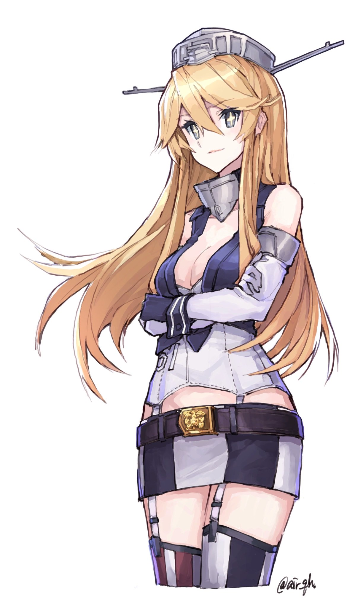 1girl air_qh artist_name bangs belt belt_buckle blonde_hair blue_eyes breasts buckle cleavage closed_mouth crossed_arms elbow_gloves front-tie_top garter_straps gloves hair_between_eyes headgear highres iowa_(kantai_collection) kantai_collection lips long_hair looking_at_viewer mismatched_legwear simple_background skirt smile solo star star-shaped_pupils striped striped_legwear symbol-shaped_pupils thigh-highs vertical-striped_legwear vertical-striped_skirt vertical_stripes white_background zettai_ryouiki