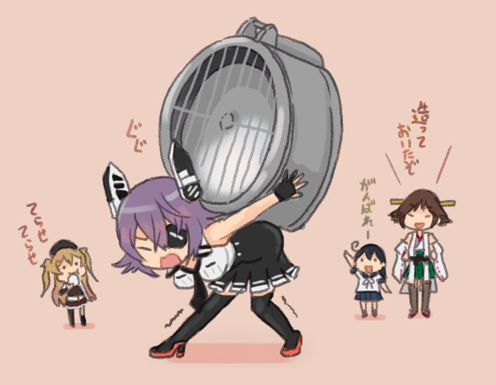 4girls ahoge bent_over beret black_hair blush_stickers brown_hair carrying chibi closed_eyes comic commentary_request detached_sleeves eating eyepatch gradient gradient_background hand_up hands_on_hips hat headgear hiei_(kantai_collection) kantai_collection long_hair long_sleeves multiple_girls murasame_(kantai_collection) necktie nontraditional_miko one_eye_covered otoufu pantyhose pink_background pleated_skirt purple_hair remodel_(kantai_collection) shadow short_hair skirt spotlight standing tenryuu_(kantai_collection) thigh-highs translation_request ushio_(kantai_collection) wide_sleeves