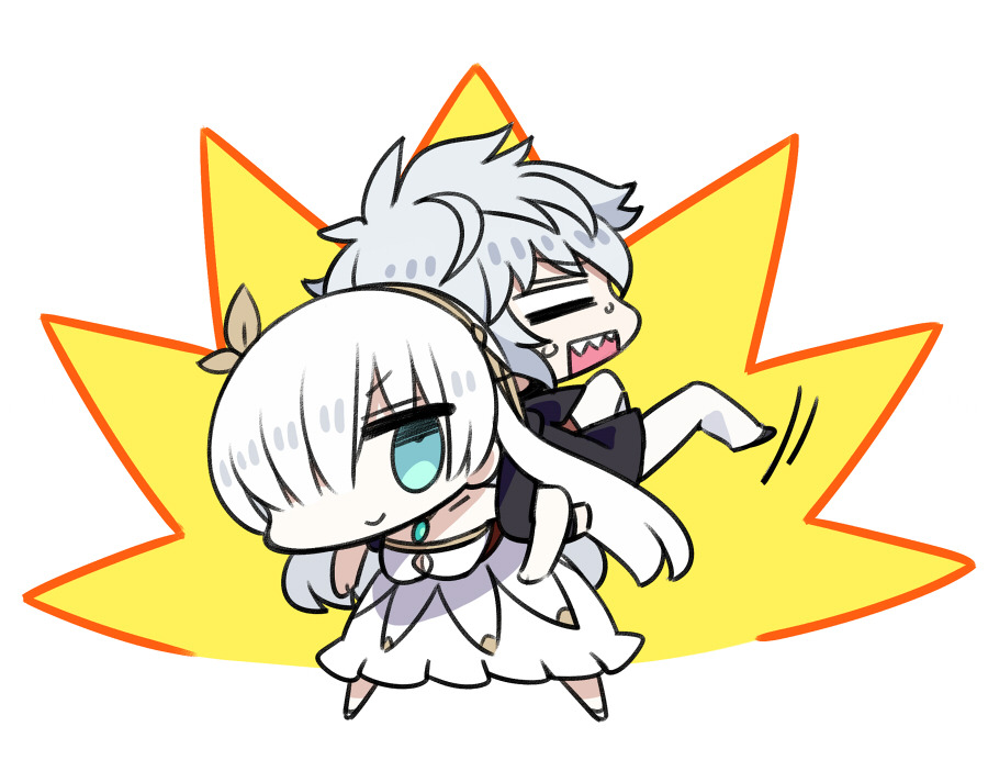 1boy 1girl =_= anastasia_(fate/grand_order) back-to-back blue_eyes chan_co chibi closed_mouth commentary_request dress fate/grand_order fate_(series) hair_over_one_eye kadoc_zemlupus looking_at_viewer one_eye_covered open_mouth sharp_teeth smile standing sweatdrop teeth white_dress