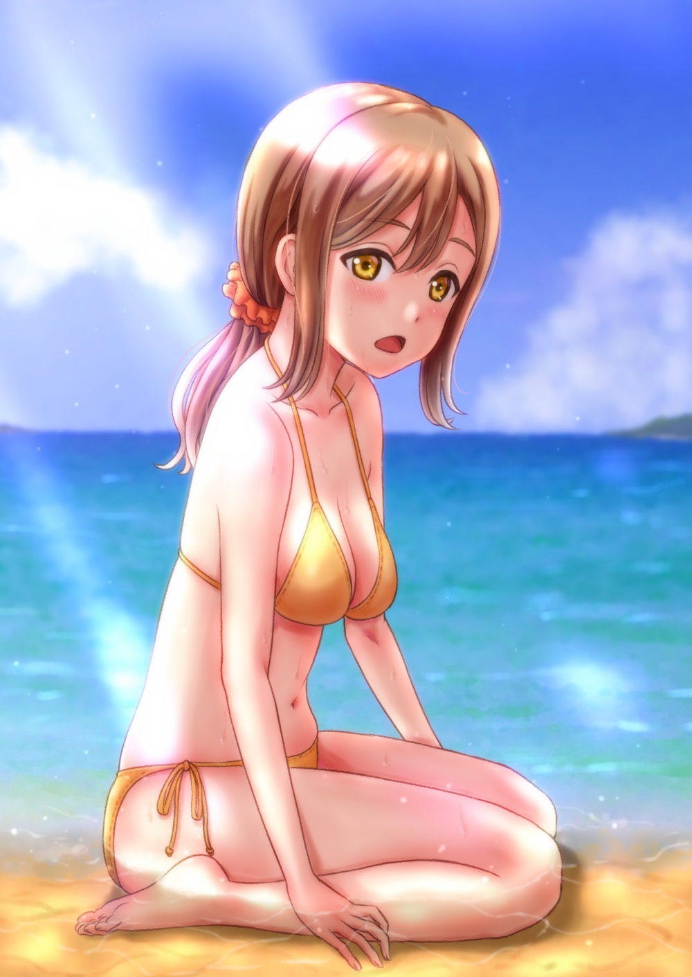 1girl alternate_hairstyle bangs barefoot bikini blue_sky breasts brown_hair cleavage closed_mouth clouds cloudy_sky commentary_request day from_side frown full_body hair_ornament hair_scrunchie hair_up highres jimi_sakita kunikida_hanamaru leaning_forward legs light_blush light_particles long_hair looking_at_viewer love_live! love_live!_sunshine!! medium_breasts navel ocean orange_scrunchie outdoors ponytail scrunchie side-tie_bikini sidelocks sitting sky solo summer sunlight sweat swimsuit wading wariza water yellow_bikini yellow_eyes