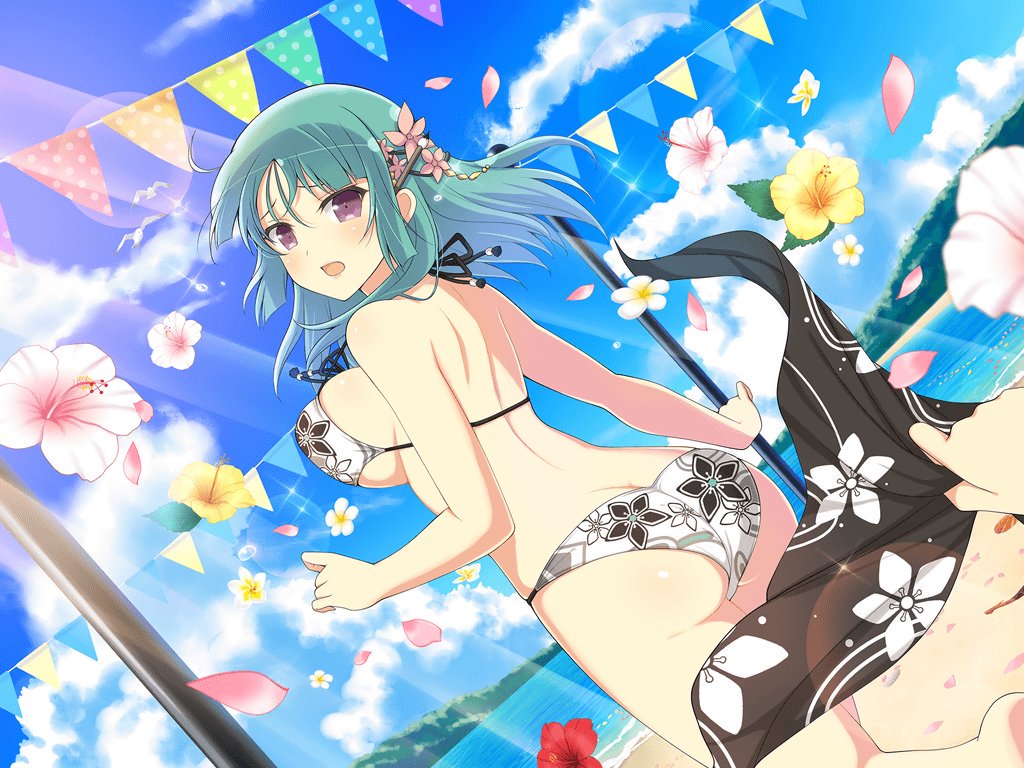 1girl ass back bashou_(senran_kagura) beach bikini bird blush breasts day embarrassed flower green_hair hair_flower hair_ornament hibiscus large_breasts long_hair looking_at_viewer ocean official_art open_mouth petals senran_kagura senran_kagura_new_link sideboob solo_focus swimsuit violet_eyes water yaegashi_nan