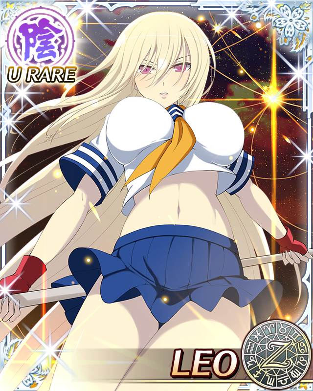 1girl blonde_hair blue_skirt breasts card_(medium) character_name cosplay crop_top fingerless_gloves gloves holding holding_weapon ikkitousen kan'u_unchou kan'u_unchou_(cosplay) large_breasts leo_(senran_kagura) long_hair looking_at_viewer midriff navel official_art parted_lips pleated_skirt polearm red_gloves school_uniform senran_kagura senran_kagura_new_wave serafuku shirt skirt solo trading_card very_long_hair violet_eyes weapon white_shirt yaegashi_nan