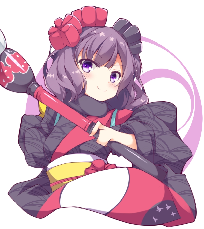 1girl black_kimono blush calligraphy_brush closed_mouth commentary_request fate/grand_order fate_(series) fuuna hair_ornament holding holding_paintbrush japanese_clothes katsushika_hokusai_(fate/grand_order) kimono long_sleeves looking_at_viewer obi oversized_object paintbrush purple_hair sash smile solo upper_body violet_eyes white_background