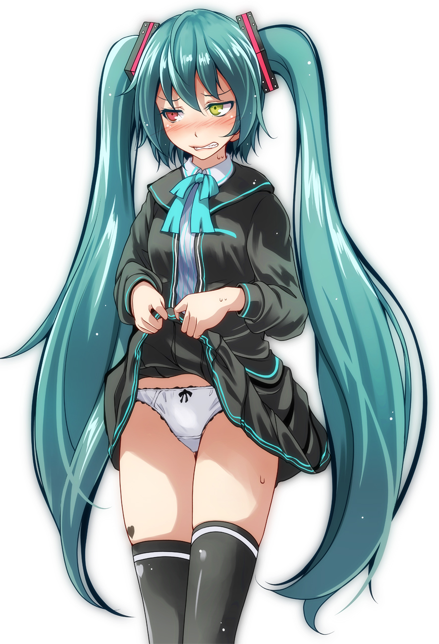 1girl aqua_bow aqua_hair aqua_neckwear bangs black_jacket black_skirt blush bow bowtie clenched_teeth collared_shirt commentary_request hair_ornament hatsune_miku heart highres jacket lifted_by_self long_hair long_sleeves looking_away looking_to_the_side nose_blush open_clothes open_jacket panties parted_lips project_diva_(series) red_eyes shirt silent_voice_(module) simple_background skindentation skirt skirt_lift solo striped striped_shirt sweat teeth thigh-highs tsukishiro_saika twintails underwear v-shaped_eyebrows vertical-striped_shirt vertical_stripes very_long_hair vocaloid white_background white_panties white_shirt yellow_eyes