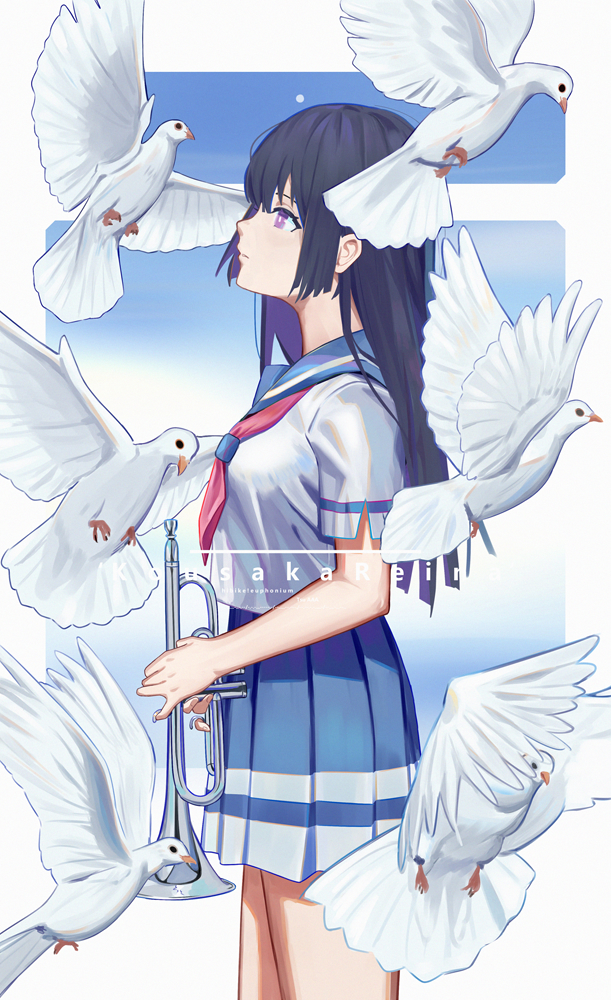 1girl bangs bird black_hair blue_background blue_sailor_collar blue_skirt breasts bright_pupils character_name commentary_request copyright_name cowboy_shot dove from_side gradient gradient_background hibike!_euphonium holding holding_instrument instrument kousaka_reina long_hair looking_away medium_breasts neckerchief parted_lips pleated_skirt profile red_neckwear sailor_collar shirt short_sleeves skirt solo straight_hair trumpet tsuaaa violet_eyes white_shirt