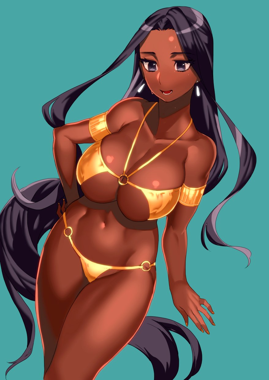 1girl :d arjuna_(fate/grand_order) bikini black_eyes black_hair blue_background breasts cleavage collarbone dark_skin earrings fate/grand_order fate_(series) genderswap genderswap_(mtf) groin hand_on_hip highres jewelry kbtmsboy large_breasts long_hair open_mouth simple_background smile solo standing swimsuit teeth very_long_hair wet yellow_bikini