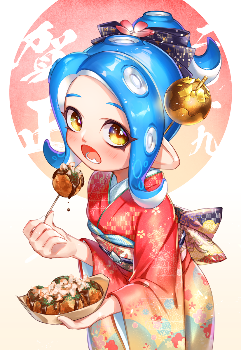 1girl :o back_bow black_bow blonde_hair blue_hair blush bow cowboy_shot eating flower food forehead from_below hair_bow hair_flower hair_ornament hair_stick highres holding holding_food japanese_clothes kimono leaning_forward long_hair long_sleeves looking_at_viewer looking_up obi octoling open_mouth ponytail print_kimono red_kimono sash shiny shiny_hair solo splatoon_(series) tareme teeth tentacle_hair wide_sleeves yamagishi_chihiro