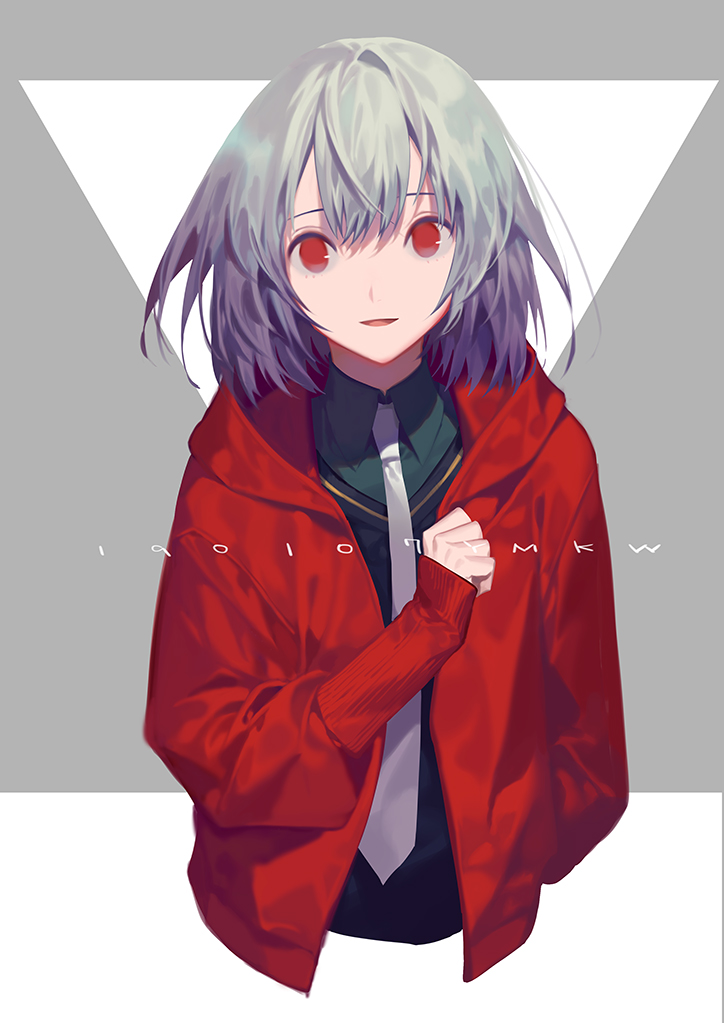 1girl :d collared_shirt commentary_request green_shirt grey_hair jacket long_sleeves looking_at_viewer medium_hair necktie open_clothes open_jacket open_mouth original red_eyes red_jacket shirt smile solo white_neckwear wing_collar yamakawa