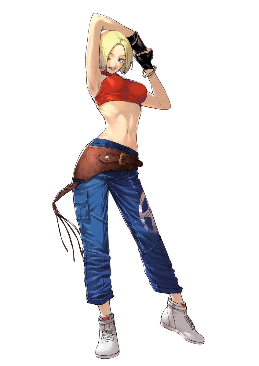 1girl armpits azuma_kyoutarou_(artist) belt blonde_hair blue_eyes blue_mary bracelet breasts capri_pants fatal_fury fingerless_gloves gloves image_sample jewelry midriff official_art one_eye_closed pants shoes short_hair sneakers solo the_king_of_fighters the_king_of_fighters_xiv twitter_sample