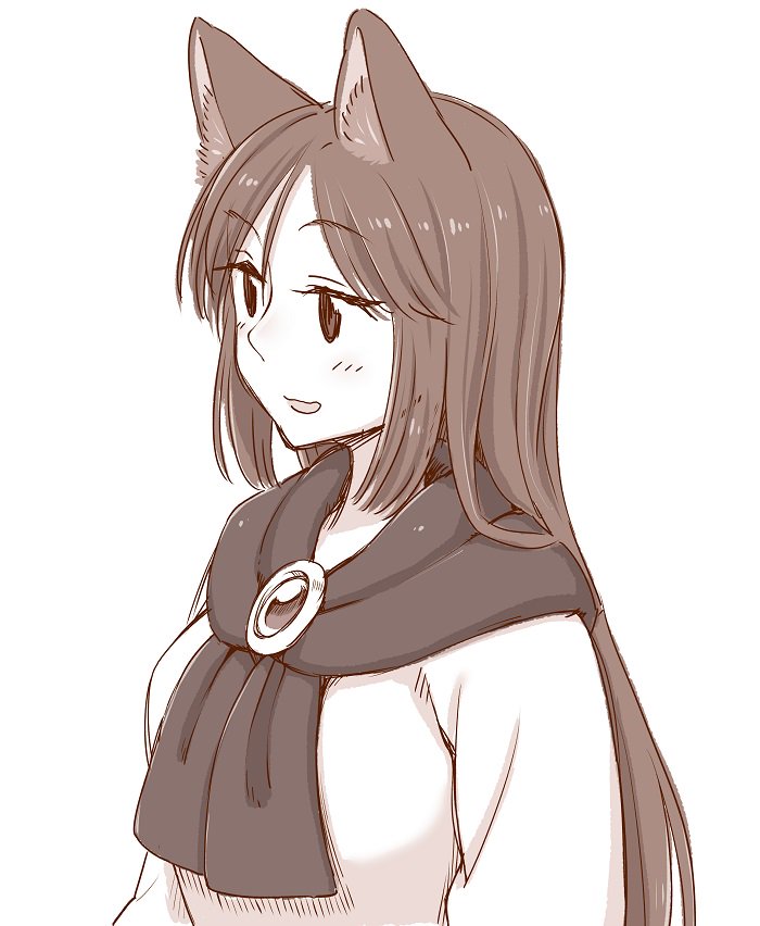 1girl :d animal_ears bangs blush brown commentary_request dress eyebrows_visible_through_hair from_side gem imaizumi_kagerou long_hair monochrome open_mouth poronegi scarf simple_background smile solo touhou white_background wolf_ears