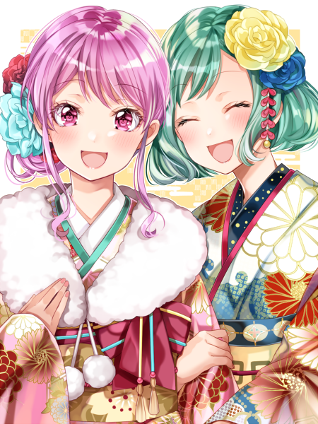 2girls :d ^_^ alternate_hairstyle aqua_hair bang_dream! bangs blue_flower blush closed_eyes closed_eyes commentary_request floral_print flower fur-trimmed_kimono fur_trim hair_bun hair_flower hair_ornament hand_on_own_chest hikawa_hina holding_arm ito22oji japanese_clothes kimono looking_at_viewer maruyama_aya multiple_girls new_year obi open_mouth pink_eyes pink_hair pink_kimono pom_pom_(clothes) red_flower sash short_hair sidelocks smile tassel upper_body yellow_flower