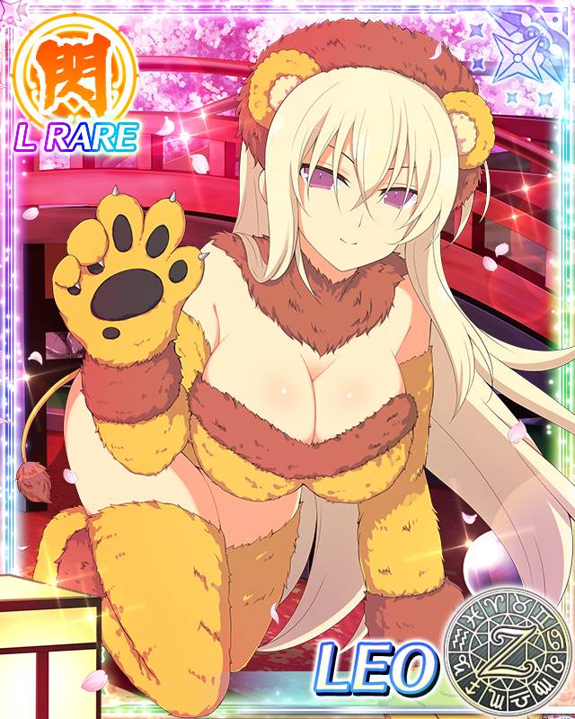 1girl all_fours animal_ears blonde_hair breasts card_(medium) character_name cleavage closed_mouth fur_trim gloves large_breasts leo_(senran_kagura) lion_ears lion_paw lion_tail long_hair looking_at_viewer official_art paw_pose petals senran_kagura senran_kagura_new_wave senran_kagura_peach_ball smile solo tail thigh-highs trading_card very_long_hair violet_eyes yaegashi_nan