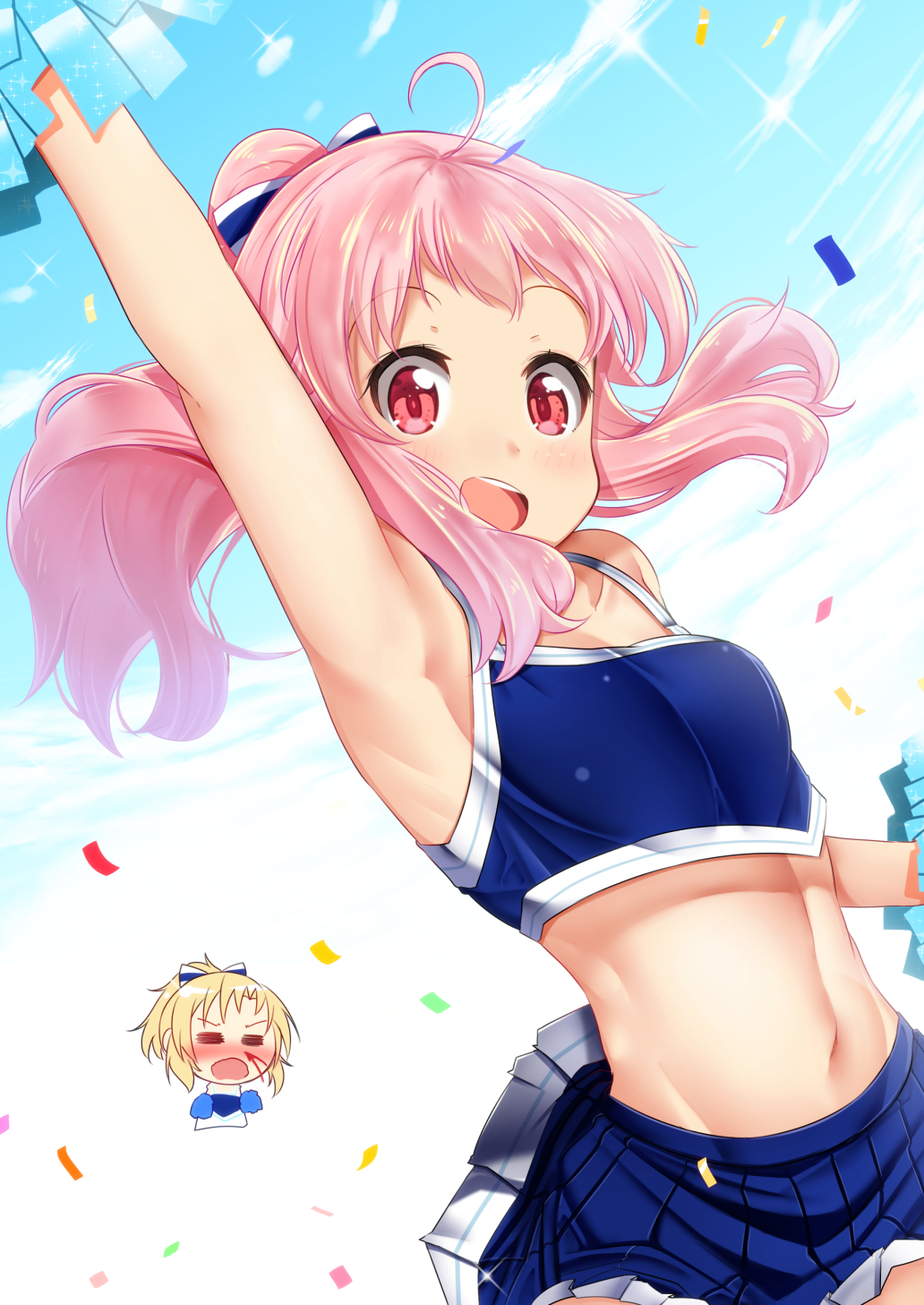 2girls :d =_= ahoge anima_yell! arm_up armpits bangs bare_shoulders blonde_hair blood blue_skirt blue_sky blush bow breasts closed_eyes clouds collarbone commentary_request crop_top day eyebrows_visible_through_hair hair_bow hatoya_kohane high_ponytail highres holding long_hair mad_(hazukiken) midriff multiple_girls navel nose_blush nosebleed open_mouth outdoors pink_hair pleated_skirt pom_poms ponytail red_eyes sawatari_uki skirt sky small_breasts smile solo_focus yuri