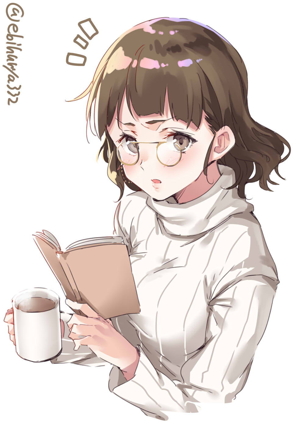 1girl alternate_costume blush book breasts brown_eyes brown_hair cup ebifurya glasses highres kantai_collection large_breasts looking_at_viewer open_mouth pince-nez roma_(kantai_collection) simple_background solo sweater twitter_username wavy_hair white_background white_sweater