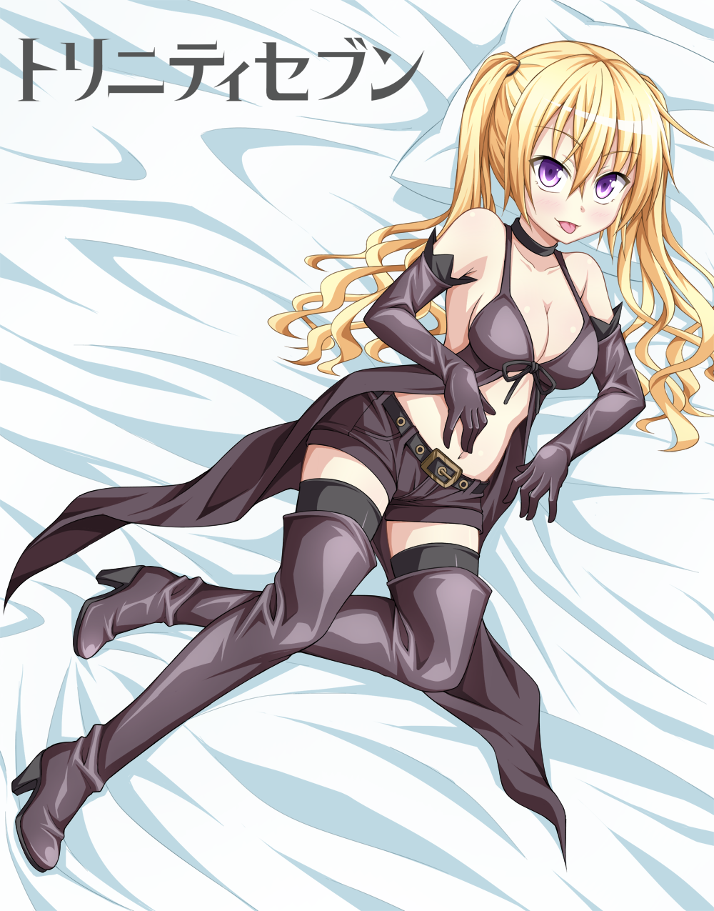 1girl bed blonde_hair boots elbow_gloves gloves highres kyuutou_(kyuutouryuu) lieselotte_sherlock short_shorts shorts thigh-highs thigh_boots tongue tongue_out trinity_seven twintails violet_eyes